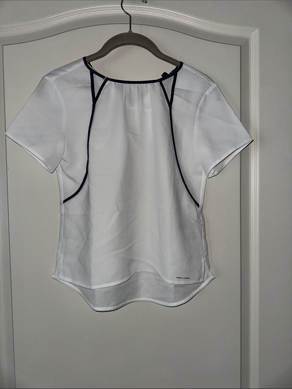 Armani Exchange White Short-Sleeve Blouse with Navy Trim